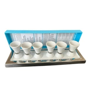 Set of six Kiddush cups with tray
